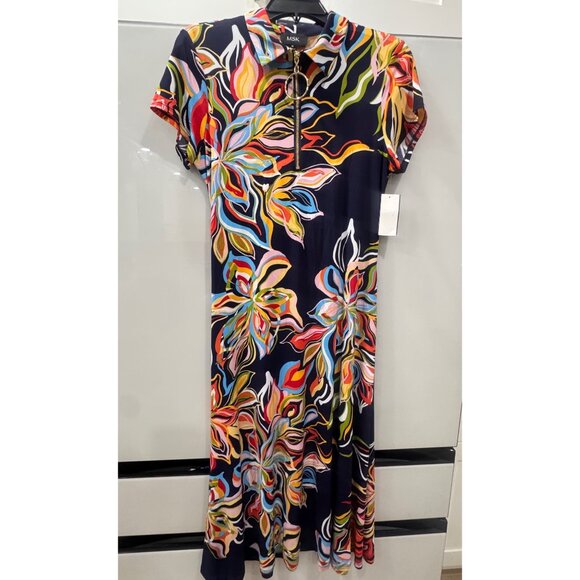 MSK Dresses & Skirts - MSK Womens Navy Multicolor Floral Print Belted Midi Dress With Gold Ring Zipper